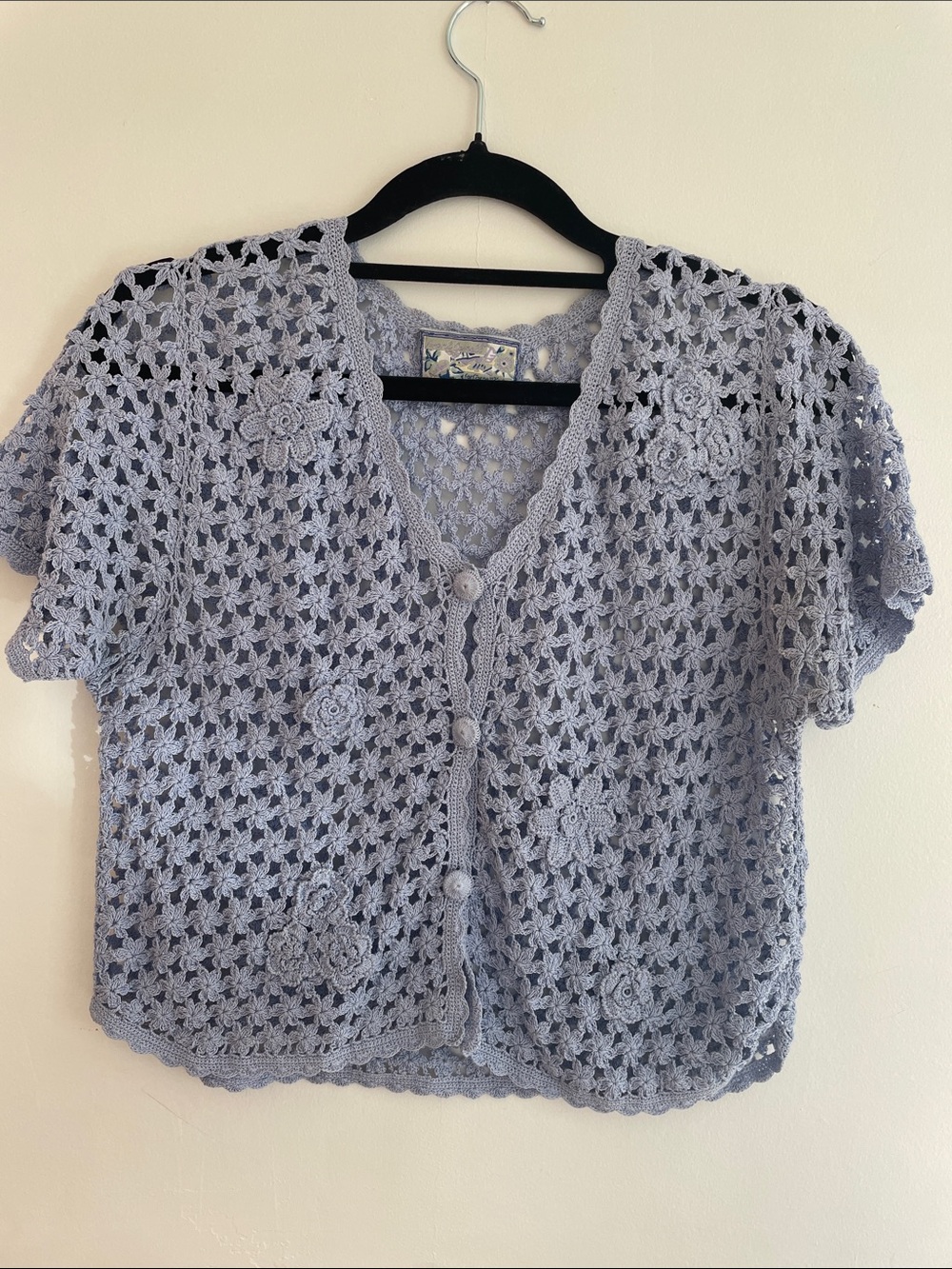 April Cornell Periwinkle Crochet Floral Button-Front Cardigan